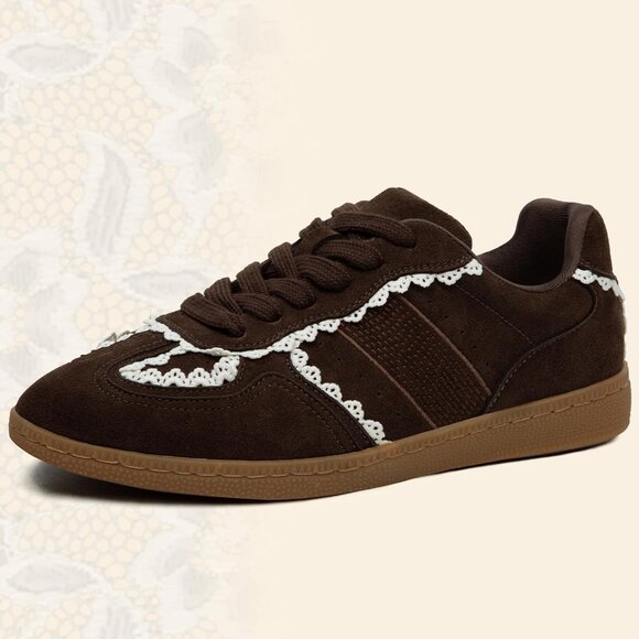 Casual Brown Sneakers Women with Lace Detail Ribbon Leather Upper Memory Foam - Picture 6 of 6